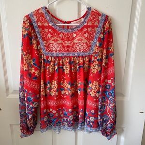 Red floral bubble sleeve blouse